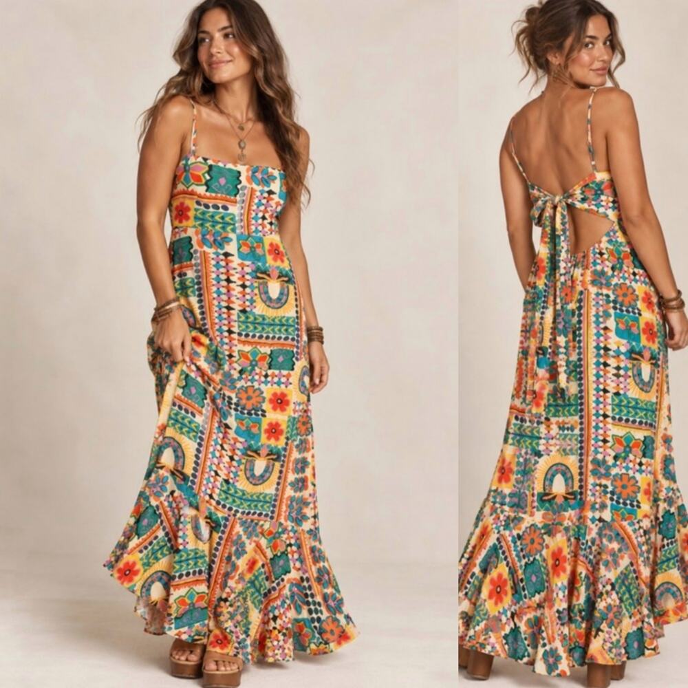 Paper Heart Anthropologie Aztec Sunrise Spaghetti Strap Maxi Dress Size XL